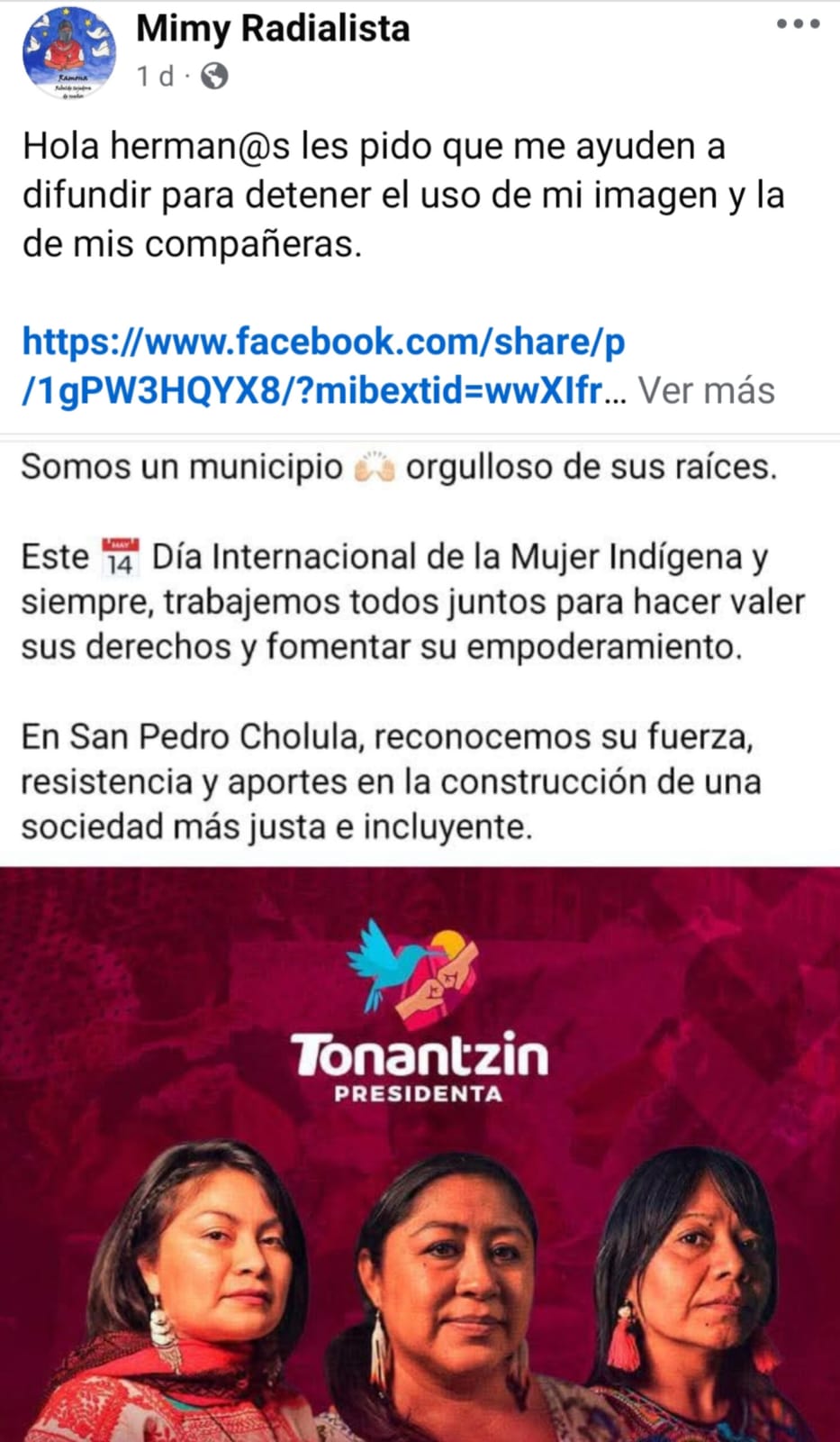 Pobladora de Cholula acusa uso ilegal de su imagen para promocionar Día Internacional de la Mujer Indígena