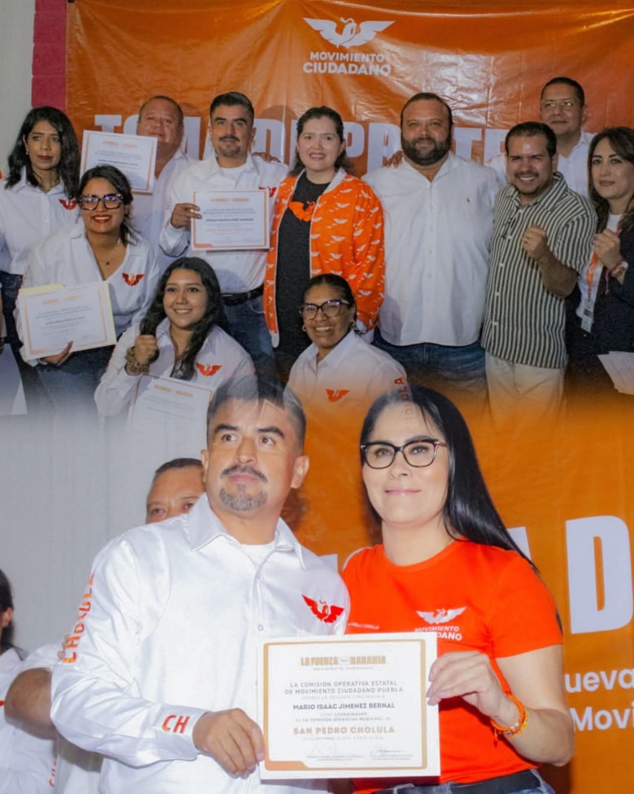 Mario Isaac Jiménez rinde protesta como nuevo coordinador de MC en San Pedro Cholula; en su acto, aparece Roxana Luna