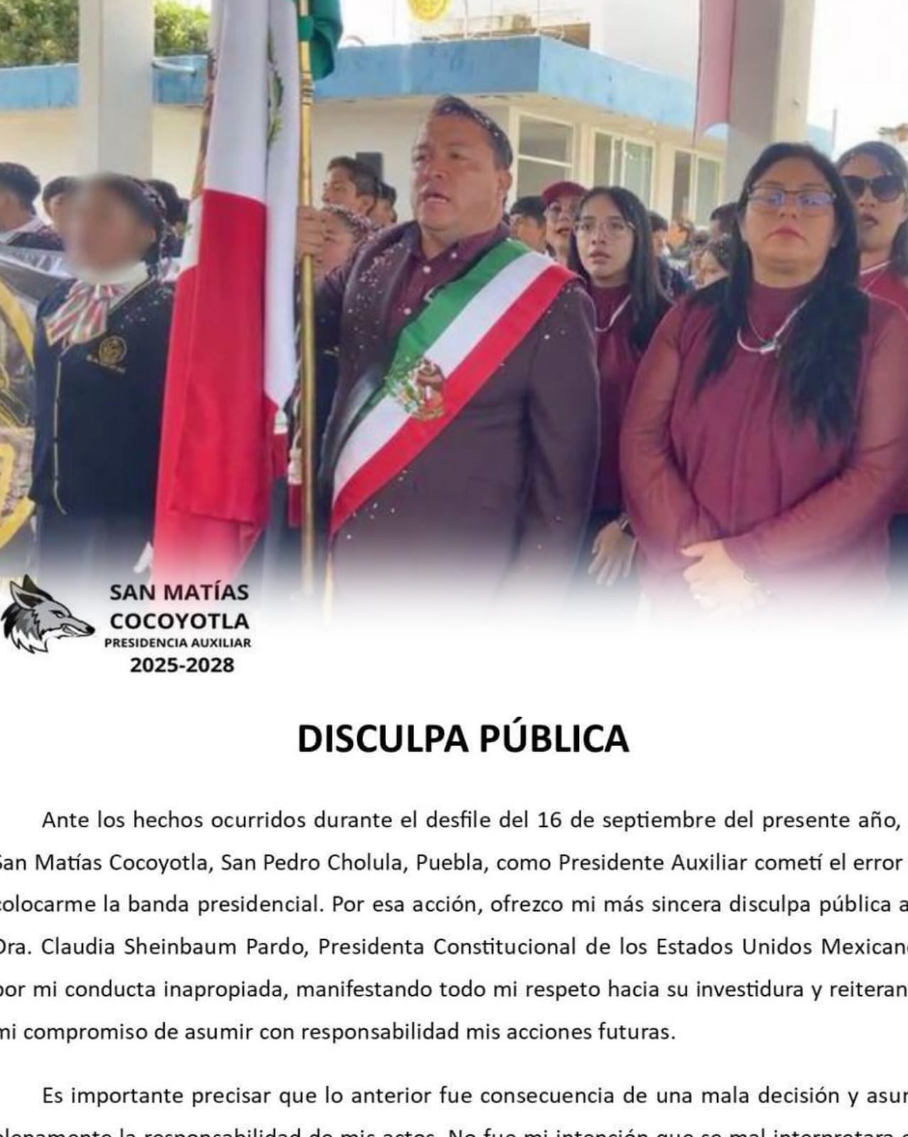 Se disculpa edil de Cocoyotla por portar banda presidencial; dice que asumirá su responsabilidad