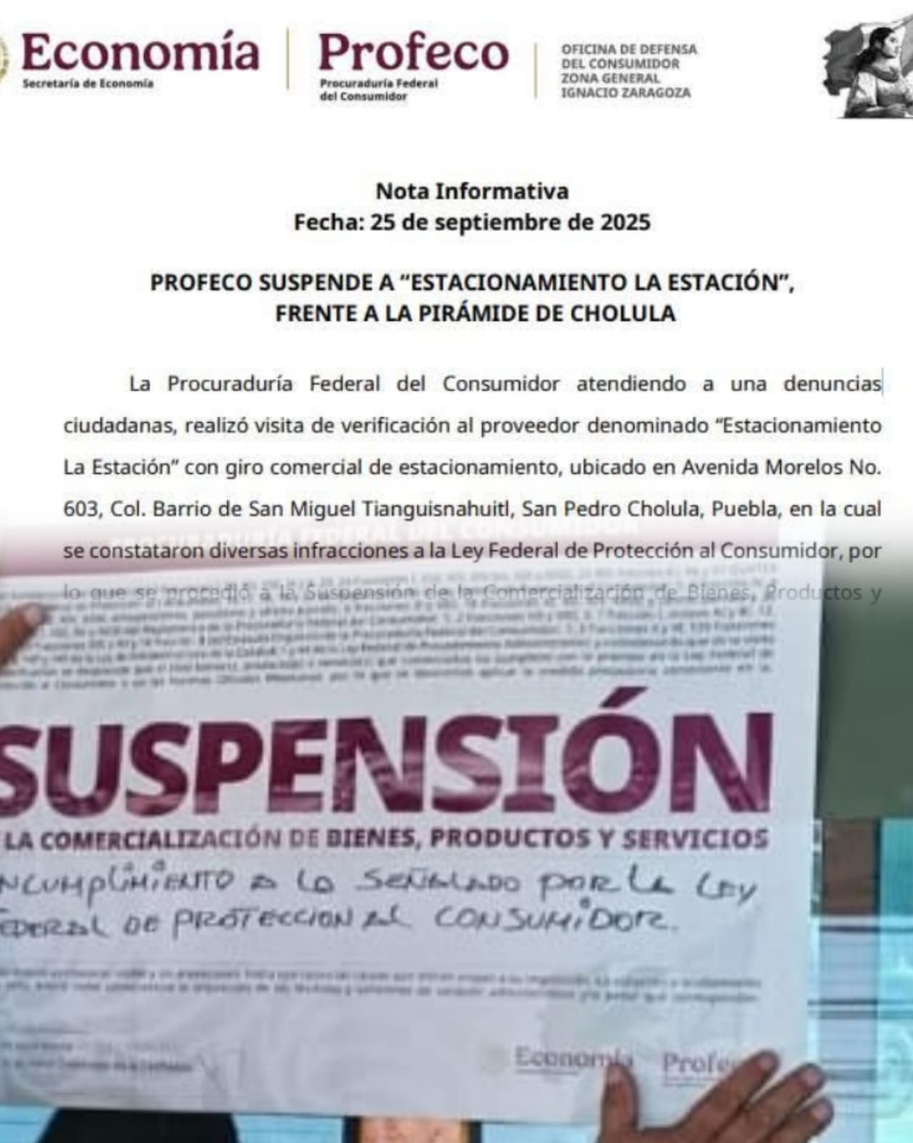 Profeco suspende estacionamiento frente a la Pirámide de Cholula