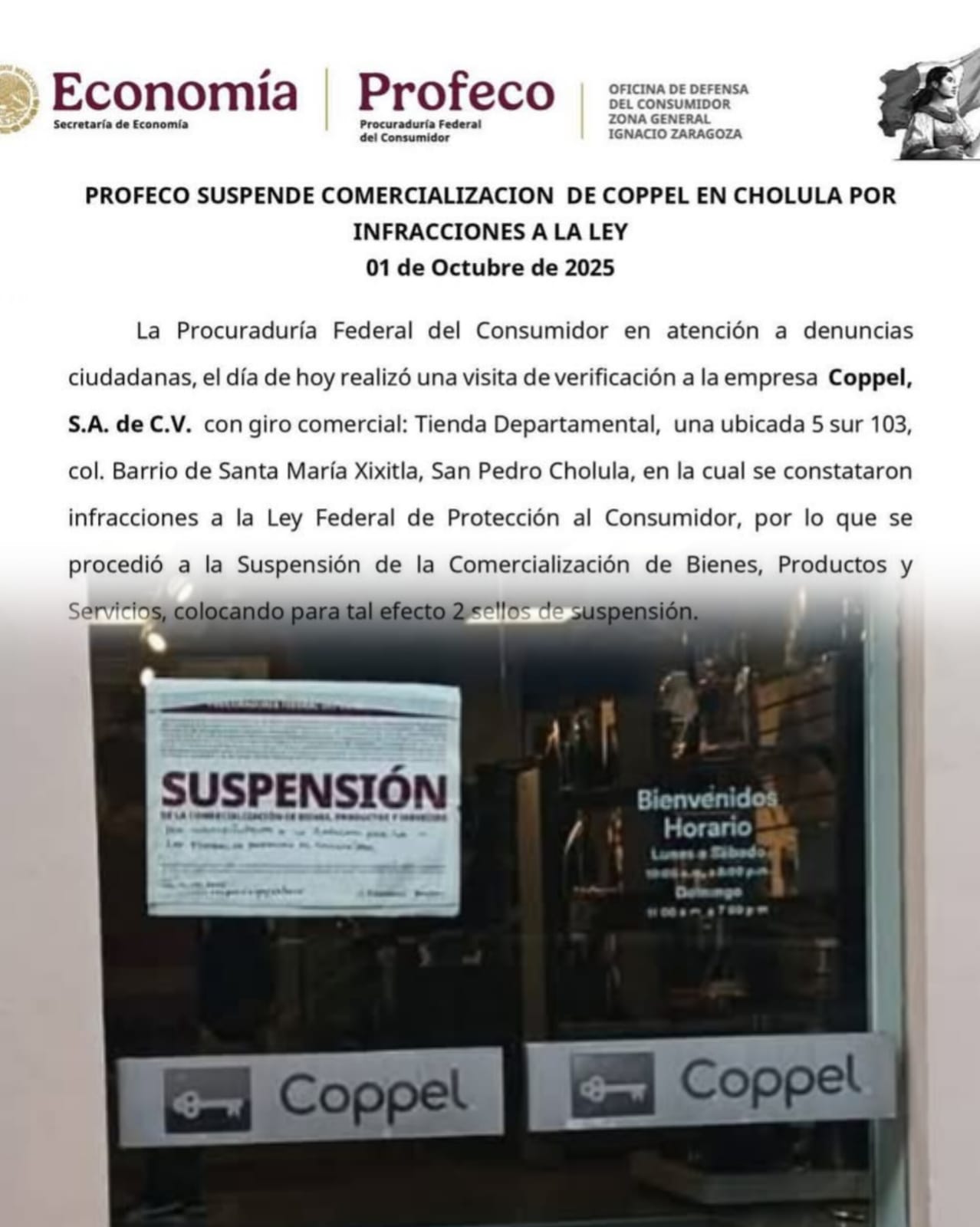 Ahora, Profeco suspende Coppel de San Pedro Cholula por infracciones a la ley