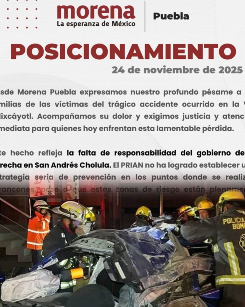 Morena Puebla culpa a Ayuntamiento de San Andrés Cholula por accidente en la Vía Atlixcáyotl donde murieron jóvenes