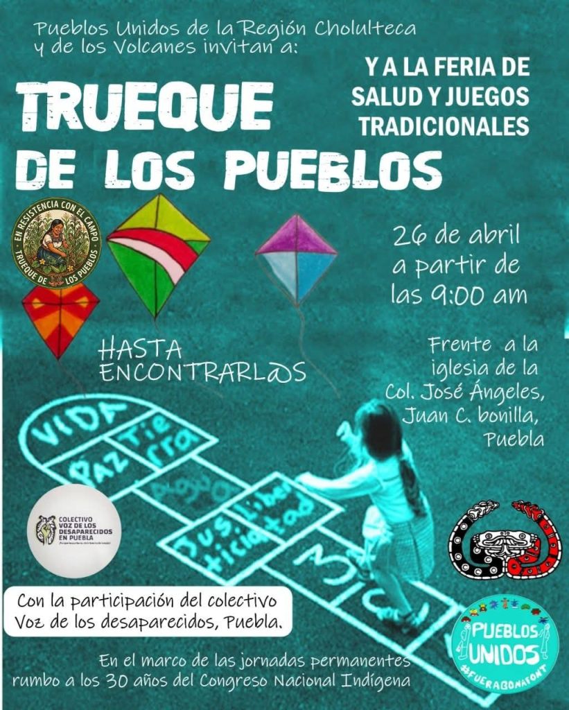 Pueblos de Cholula y Voz de los Desaparecidos realizarán Trueque y Feria de juegos tradicionales