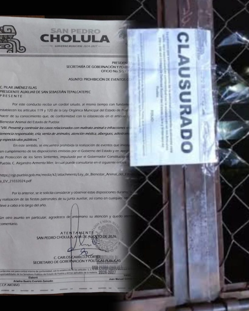 Prohíbe San Pedro Cholula eventos con animales en sus juntas auxiliares